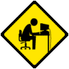 Four yellow diamond-shaped signs with black borders show a stick figure at a desk, each in different poses: sitting upright, sleeping with stars above head, slumped over keyboard, and typing.