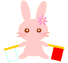 A 4-frame animated contact sheet showing a pink cartoon rabbit with flower on head holding red and white flags in various poses.