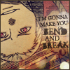 Animated contact sheet of a cartoon character with red eyes and brown hair, wearing a striped shirt, displaying changing text phrases across six frames.