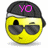 Yellow emoji face with black sunglasses and black cap, displaying pink text on the cap across three views.
