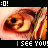 A contact sheet of 8 animated frames showing a close-up of an eye with orange-brown iris and visible eyelashes, each frame paired with the text "I SEE YOU!" on a black background.