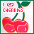 Pixelated cherry icon with 'I ❤️ CHERRIES' text, green stems and leaves on white background.