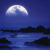 Pixelated night scene with a large white moon above dark silhouetted landmasses and water under a blue sky.