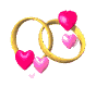 Animated sequence of interlocking golden rings with pink hearts floating around them, showing heart positions shifting across frames.