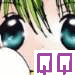 Anime-style character close-up with green hair, large blue eyes, and purple square symbols over the face.
