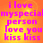 Pixelated text in bright pink on a gradient orange-yellow background, repeating phrases like "i love myspecial person" and "love you kiss kiss" across four identical