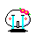 Pixelated white oval head with cyan tears, red blush marks, and pink flower crown on gray background.