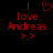 Red pixelated text and symbols on black background: 'I' with heart symbol above 'love Andreas', two arrow-like shapes below.