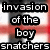 Pixelated text reads 'invasion of the boy snatchers' in white letters on black rectangular backgrounds against a red and gray gradient backdrop.