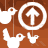 White silhouette icons on brown background: birds, antlers, arrows, and a skull, some with hanging lines.