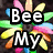 Pixelated text 'Bee My Friend' overlaid on a colorful flower with green, yellow, pink, blue, and orange petals against a dark background.
