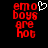 Red pixelated text 'emo boys are hot' on black background with white heart symbol above 'emo'