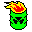 Green skull icon with black eye sockets and nose, left version shows yellow-red flame on top, right version shows gray cylindrical object.