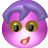 Pixelated circular icon with purple hair, large golden eyes, and a small red mouth on a pink face against a gray background.
