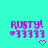 Cyan background with repeated 'RUSTY!' text and heart symbols in pink, featuring animated heart changes across frames.