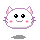 Pixelated white cat head with pink inner ears, black eyes, pink cheeks, and a smiling mouth, displayed in four positions with subtle expression and outline variations