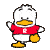Pixelated duck-like character in red shirt with white symbol, yellow beak and feet, standing with arms raised in two sequential poses.