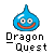 Blue pixelated character with two eyes and a red mouth above black-and-white text reading 'Dragon Quest' on gray background.