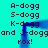 Pixelated text on cyan background with blue motion blur effect, repeating 'A-dogg S-dogg K-dogg and J-doggand J-dogg rox!' in two