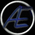 Circular icon with a silver ring border enclosing a dark background and a blue stylized letter A in the center.