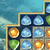 Pixelated grid of circular icons in blue, orange, and green hues within a golden frame against a blue gradient background.