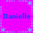 A static pixel art icon with a bright magenta background, blue text reading "Danielle" in four corners, and cyan decorative elements forming a cross pattern.