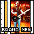 Pixelated static icon featuring a stylized figure with outstretched arms against a fiery orange-red background, framed by vertical yellow and gray bars on the left and black text reading "BRAND NEW" at the bottom.