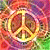 A 50x50 pixel animated buddy icon featuring a yellow peace symbol on the left side with a colorful, blurred background transitioning from red to purple and green, paired with a dark green panel on the right displaying "Original Icons .com" in bright green pixelated text.
