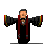 Pixel art character in black robe with red accents, arms outstretched, transitioning through multiple poses including standing, crouching, and disintegrating into red and black fragments.