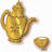 Animated golden coffee pot pouring liquid into a cup, with visible steam and liquid flow changes across frames.