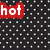 Six 'hot' text icons in red, green, yellow, purple, pink, and blue on a black dotted background with white dots.