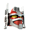 Red and silver mechanical head with yellow eyes rotates through multiple angles against gray background.