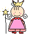Pixelated character with crown and wand, pink dress, red shoes, smiling face holding star-topped staff against gray background.