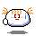 Two pixelated white circular figures with orange spiky hair, red square eyes, and blue vertical lines on their sides, one with a red mouth and the other with a red dot mouth.