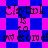 Pixelated text 'Clayton is so awesome!' on a blue and pink checkered background with diamond-shaped patterns.