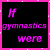 A 3x2 contact sheet of a gymnastics-themed animated icon with pink borders and black backgrounds, featuring text panels and a central image of a gymnast performing a handstand.