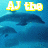 Pixelated blue underwater scene with three dolphins swimming, overlaid with yellow text reading "AJ the magical dolphin!" in four separate segments.