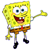 Yellow sponge character with blue eyes, red tie, brown shorts, and black shoes in two poses: left arm extended rightward, right arm at side.