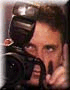 A person holding a camera with a flash unit, shown in multiple views with varying facial expressions and camera angles.