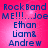 A static image with a pink gradient background displaying blue text reading "Rock Band ME!!!...Joe Ethan Liam& Andrew" in four identical quadrants.