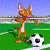 Animated contact sheet showing six frames of a cartoon fox mascot on a soccer field with a black-and-white ball, displaying sequential poses from standing to hands-on-hips.