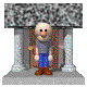 Pixelated character in gray shirt and blue pants stands before stone archway with 'WELCOME!' sign, transitioning through multiple poses and sign states.