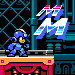 Pixel art scene with blue character on left and large white-and-blue figure on right, set against dark background with teal grid pattern.