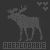 Pixelated moose silhouette with changing text and heart symbols above it on a dark background.