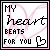 Six pixel-art display "MY HEART BEATS FOR YOU" text with a pink heart outline background and small heart icon, showing animation changes in the word "heart" color