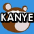 Brown bear head with white ears and muzzle on blue background, overlaid with text blocks reading KANYE WEST and STRONGER GOOD LIFE HOME CHING.