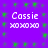 Purple background with green square patterns and repeated white text reading "Cassie xoxoxo" in four identical sections.