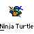 Pixelated green turtle character with blue mask and orange shell, holding brown nunchucks against gray background beneath "Ninja Turtle" text.