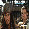 Animated sequence showing two characters in pirate attire with changing facial expressions and overlaid text dialogue.