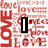 Red and white pixelated background with repeated 'LOVE' text, black rectangular shape on left, heart-shaped icon with '<3' symbol on right, and three names in bold black text below.